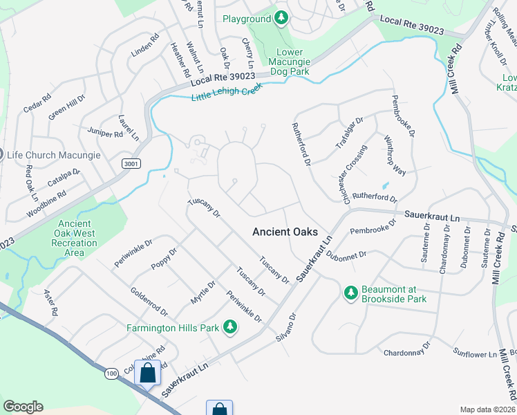map of restaurants, bars, coffee shops, grocery stores, and more near 2042 Sydney Lane in Macungie
