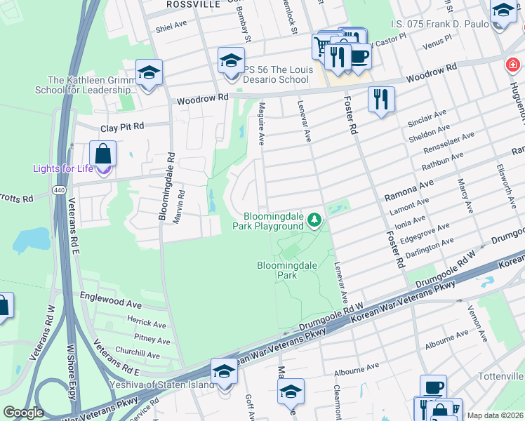 map of restaurants, bars, coffee shops, grocery stores, and more near 97 Santa Monica Lane in Staten Island