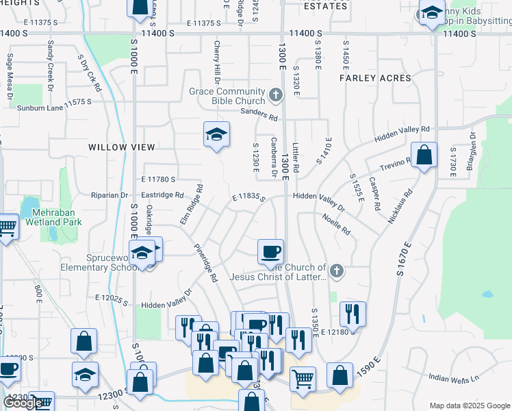 map of restaurants, bars, coffee shops, grocery stores, and more near 11848 South Hidden Valley Drive in Sandy