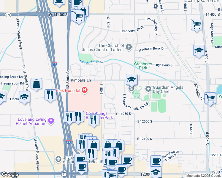 map of restaurants, bars, coffee shops, grocery stores, and more near 11832 Cottage View Lane in Draper