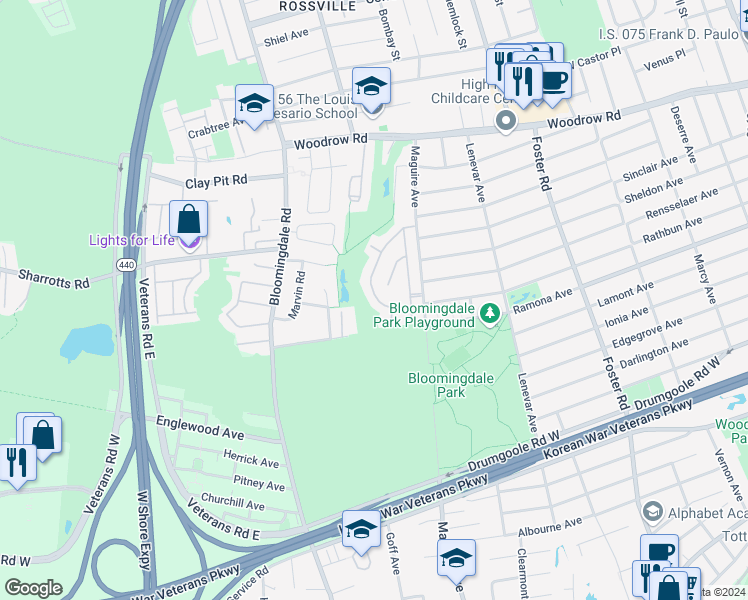 map of restaurants, bars, coffee shops, grocery stores, and more near 126 El Camino Loop in Staten Island