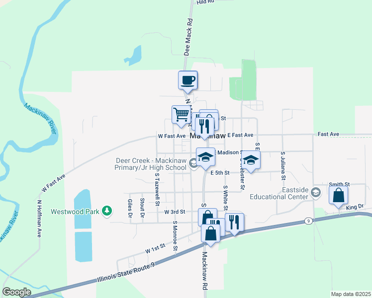 map of restaurants, bars, coffee shops, grocery stores, and more near 116 South Main Street in Mackinaw
