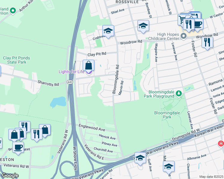 map of restaurants, bars, coffee shops, grocery stores, and more near 17 Mallard Ln in Staten Island