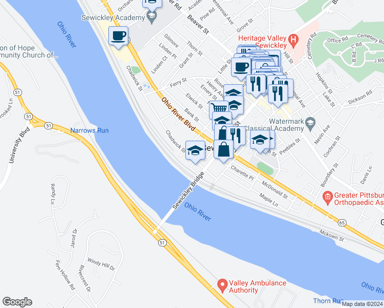 map of restaurants, bars, coffee shops, grocery stores, and more near 425 Chadwick Street in Sewickley