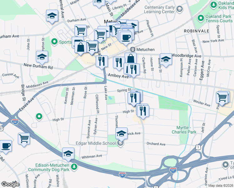 map of restaurants, bars, coffee shops, grocery stores, and more near 61 Spring Street in Metuchen