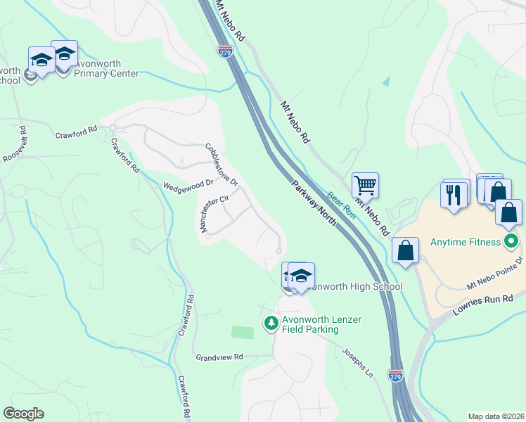 map of restaurants, bars, coffee shops, grocery stores, and more near 229 Cobblestone Drive in Pittsburgh