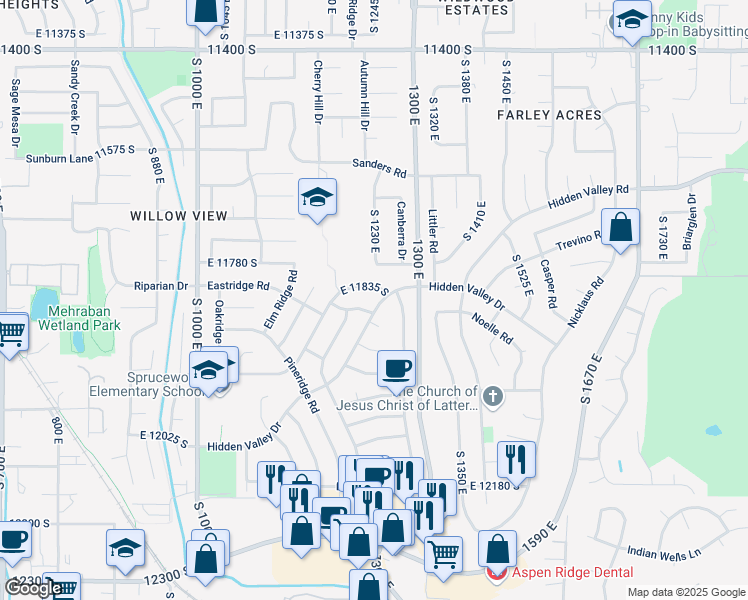 map of restaurants, bars, coffee shops, grocery stores, and more near 11766 South Hidden Valley Drive in Sandy