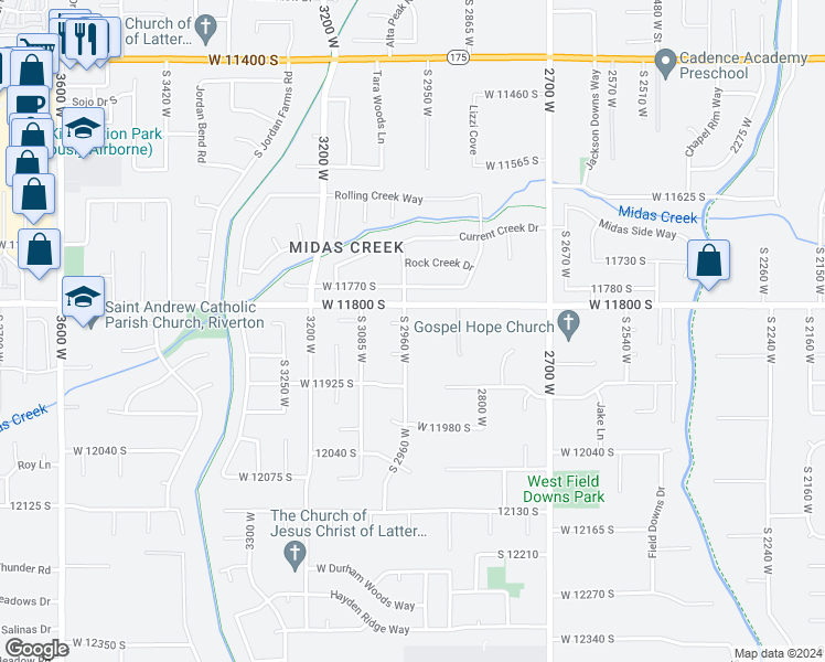 map of restaurants, bars, coffee shops, grocery stores, and more near 11843 South 2960 West in Riverton