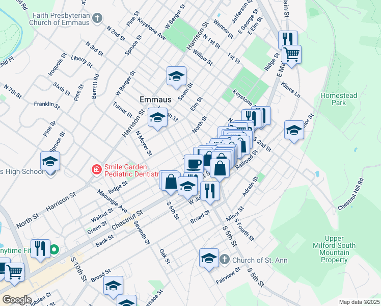 map of restaurants, bars, coffee shops, grocery stores, and more near in Emmaus