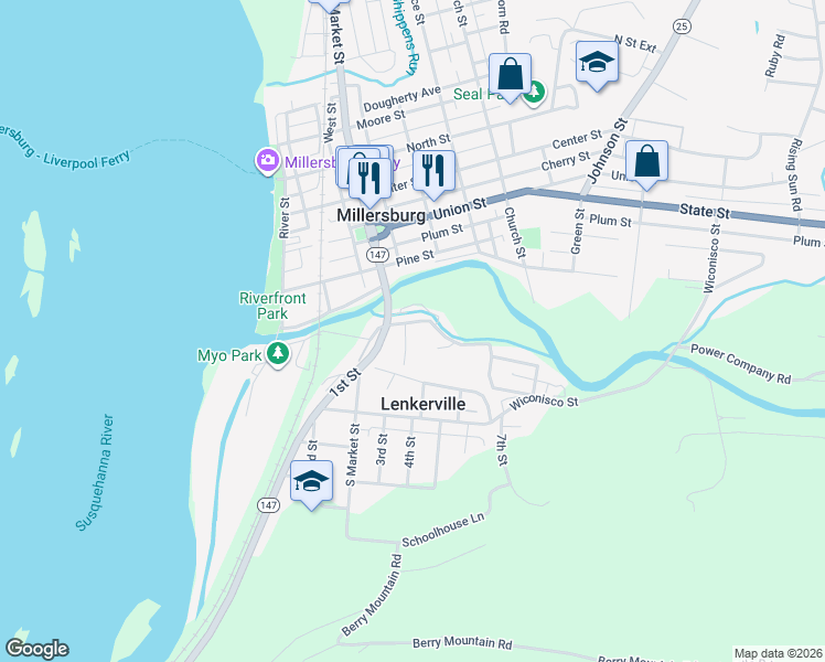 map of restaurants, bars, coffee shops, grocery stores, and more near 116 Pearl Street in Millersburg