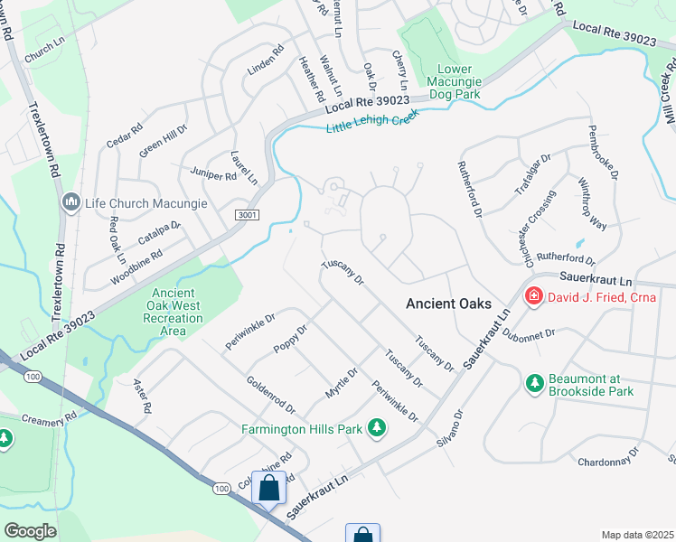 map of restaurants, bars, coffee shops, grocery stores, and more near 7078 Tuscany Drive in Macungie