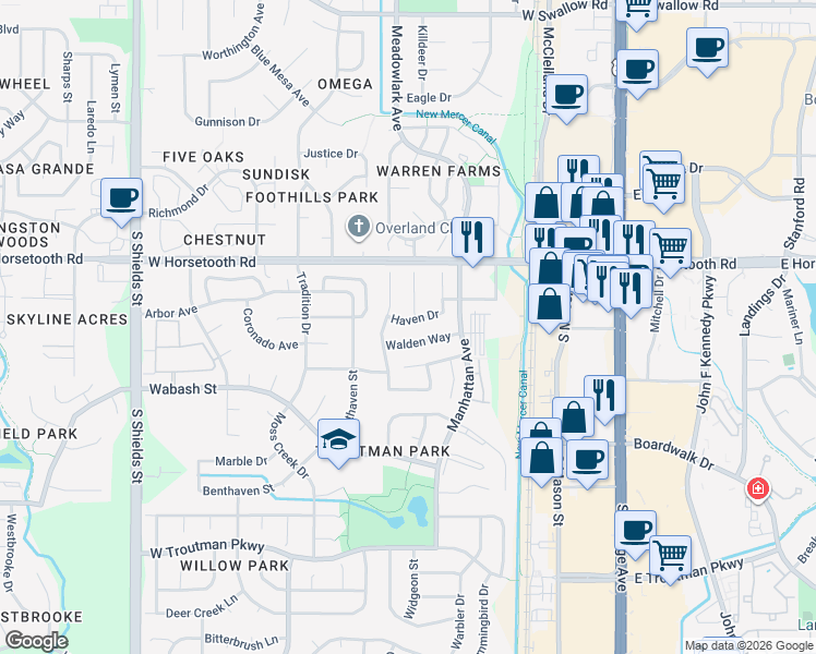 map of restaurants, bars, coffee shops, grocery stores, and more near 515 Haven Drive in Fort Collins