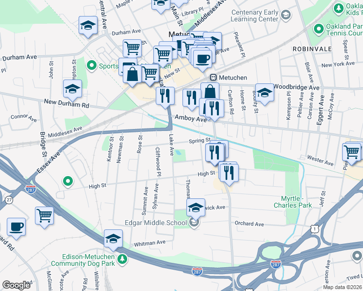 map of restaurants, bars, coffee shops, grocery stores, and more near 61 Spring Street in Metuchen