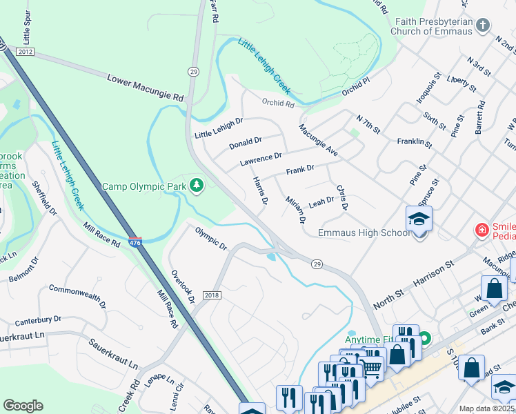 map of restaurants, bars, coffee shops, grocery stores, and more near 1004 Harris Drive in Emmaus