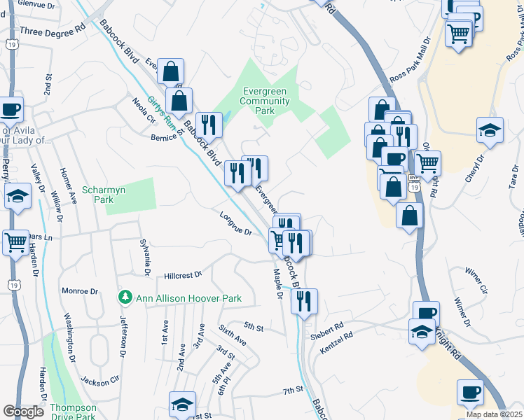 map of restaurants, bars, coffee shops, grocery stores, and more near 3372 Babcock Boulevard in Pittsburgh