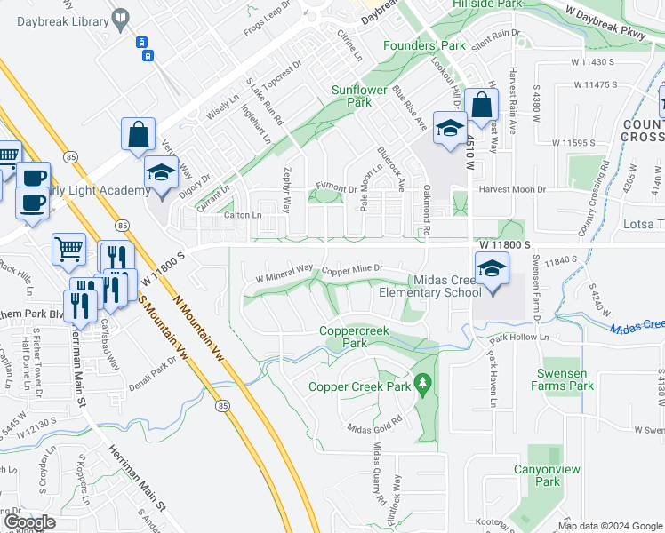 map of restaurants, bars, coffee shops, grocery stores, and more near 11846 Carbide Court in Herriman