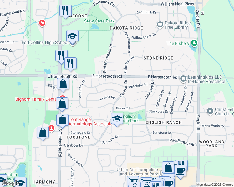 map of restaurants, bars, coffee shops, grocery stores, and more near 2531 Wapiti Road in Fort Collins