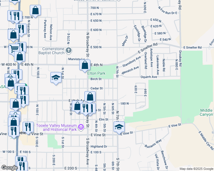 map of restaurants, bars, coffee shops, grocery stores, and more near 260 North 5th Street in Tooele