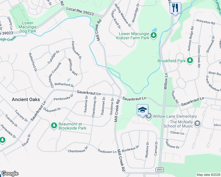 map of restaurants, bars, coffee shops, grocery stores, and more near 6341 Sauterne Drive in Macungie