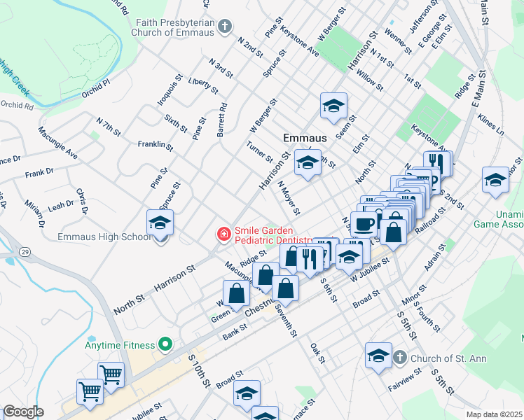 map of restaurants, bars, coffee shops, grocery stores, and more near 319 Franklin Street in Emmaus
