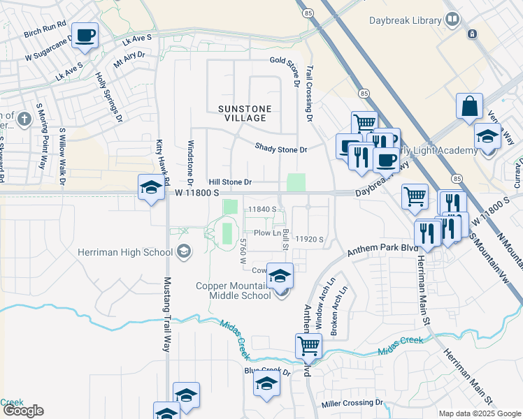 map of restaurants, bars, coffee shops, grocery stores, and more near 5680 Barn Road in Herriman