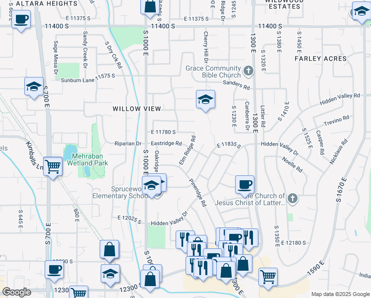 map of restaurants, bars, coffee shops, grocery stores, and more near 11842 Elm Ridge Road in Sandy