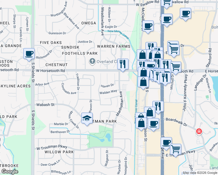 map of restaurants, bars, coffee shops, grocery stores, and more near 515 Haven Drive in Fort Collins