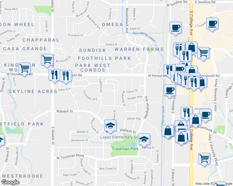 map of restaurants, bars, coffee shops, grocery stores, and more near 3719 Rockaway Street in Fort Collins