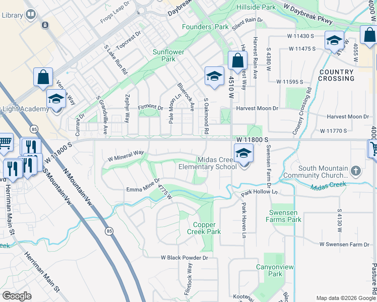 map of restaurants, bars, coffee shops, grocery stores, and more near 4667 Copper Mine Drive in Herriman
