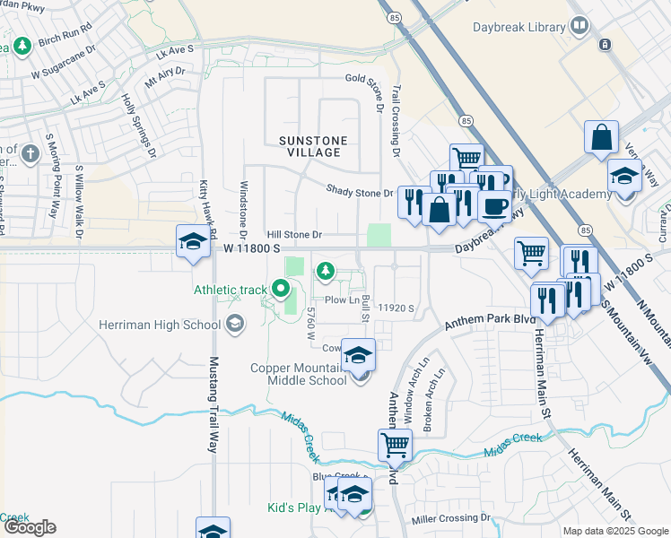 map of restaurants, bars, coffee shops, grocery stores, and more near 5680 Barn Road in Herriman