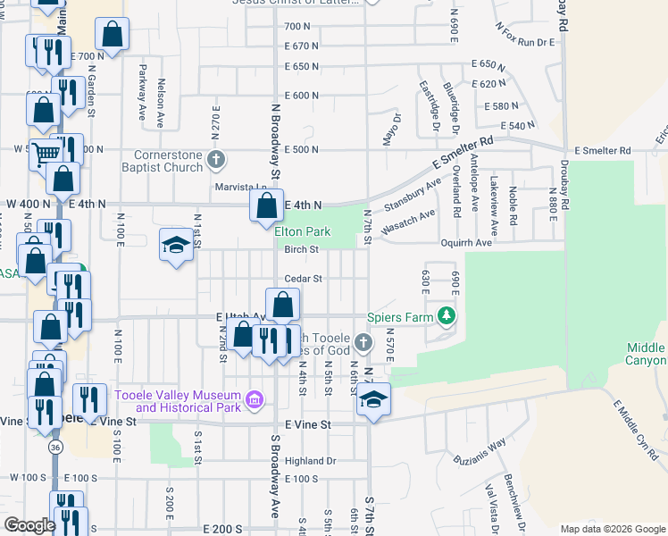 map of restaurants, bars, coffee shops, grocery stores, and more near 260 North 5th Street in Tooele