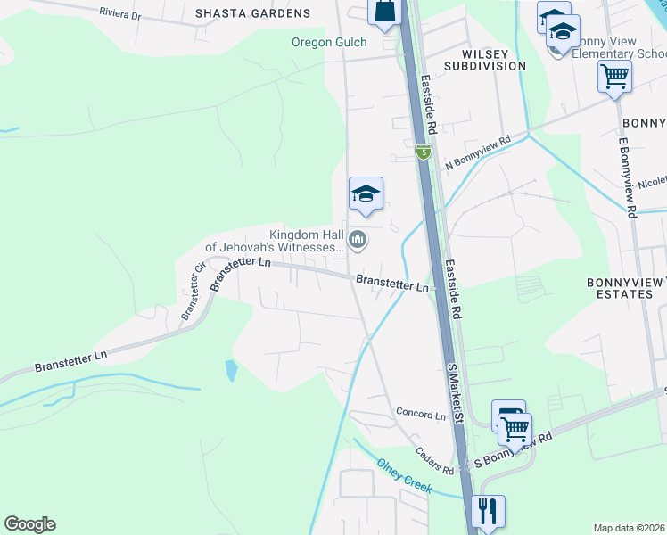 map of restaurants, bars, coffee shops, grocery stores, and more near 2050 Branstetter Lane in Redding