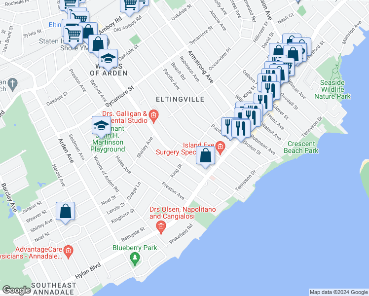 map of restaurants, bars, coffee shops, grocery stores, and more near 64A Ridgecrest Avenue in Staten Island