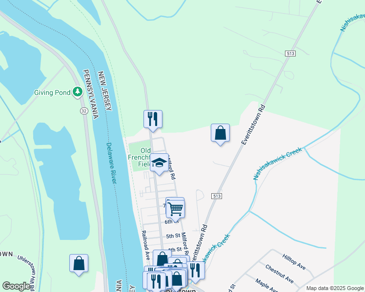 map of restaurants, bars, coffee shops, grocery stores, and more near 1210 Milford Road in Frenchtown