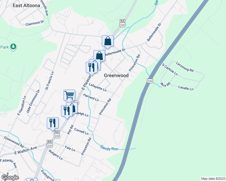 map of restaurants, bars, coffee shops, grocery stores, and more near 1618 Princeton Road in Altoona