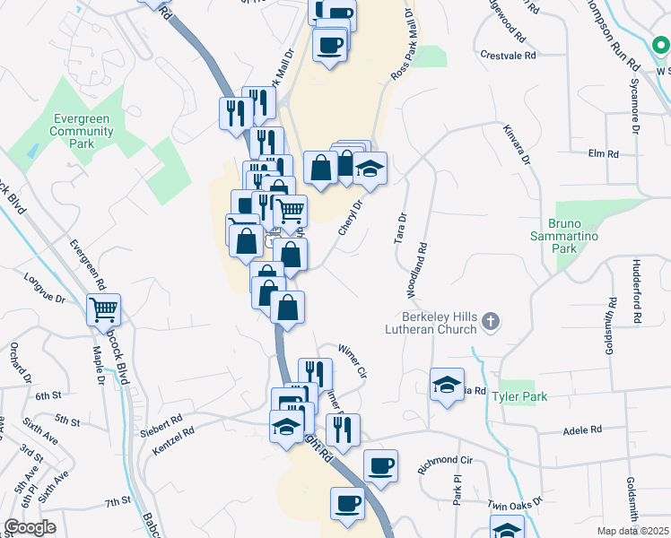 map of restaurants, bars, coffee shops, grocery stores, and more near 502 McKnight Park Drive in Pittsburgh