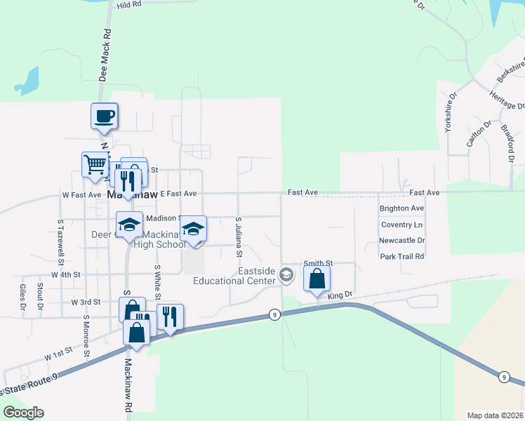 map of restaurants, bars, coffee shops, grocery stores, and more near 604 East Madison Street in Mackinaw