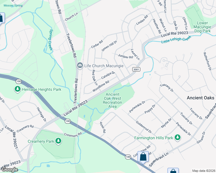 map of restaurants, bars, coffee shops, grocery stores, and more near 7485 State Route 3001 in Macungie