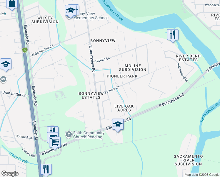 map of restaurants, bars, coffee shops, grocery stores, and more near 3183 Pioneer Lane in Redding