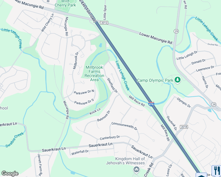 map of restaurants, bars, coffee shops, grocery stores, and more near 2964 Sheffield Drive in Emmaus