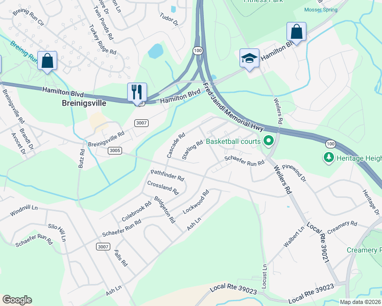 map of restaurants, bars, coffee shops, grocery stores, and more near 8536 Mayfair Court in Breinigsville