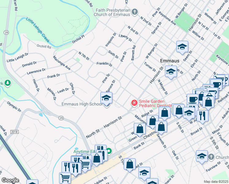 map of restaurants, bars, coffee shops, grocery stores, and more near 765 Wayne Circle in Emmaus