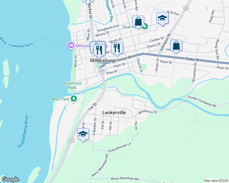 map of restaurants, bars, coffee shops, grocery stores, and more near 116 Pearl Street in Millersburg
