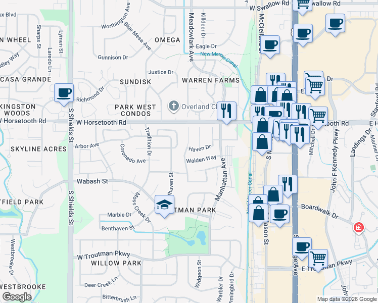 map of restaurants, bars, coffee shops, grocery stores, and more near 515 Haven Drive in Fort Collins
