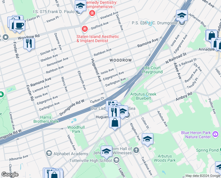 map of restaurants, bars, coffee shops, grocery stores, and more near 1466 Drumgoole Road West in Staten Island