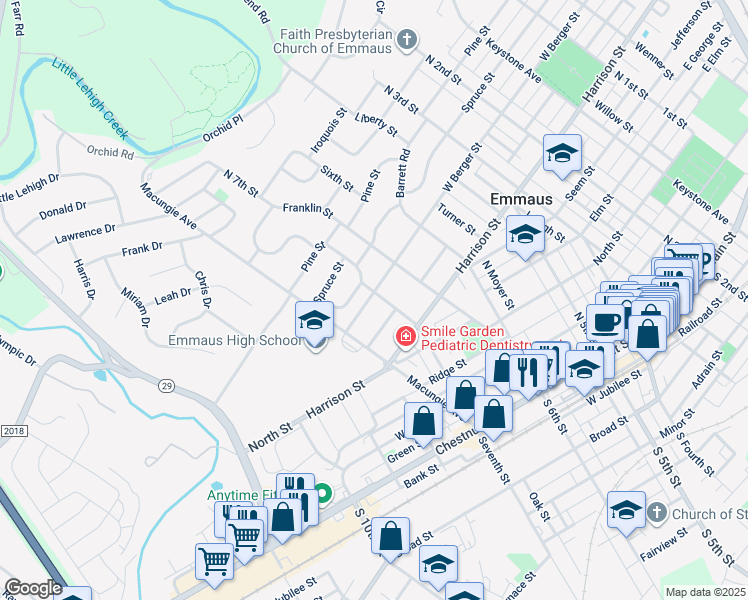 map of restaurants, bars, coffee shops, grocery stores, and more near 712 West Berger Street in Emmaus