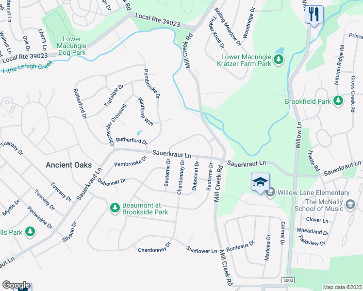 map of restaurants, bars, coffee shops, grocery stores, and more near 6221 Sauterne Drive in Macungie
