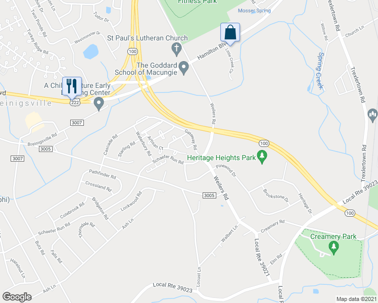 map of restaurants, bars, coffee shops, grocery stores, and more near 8466 Mason Court in Breinigsville