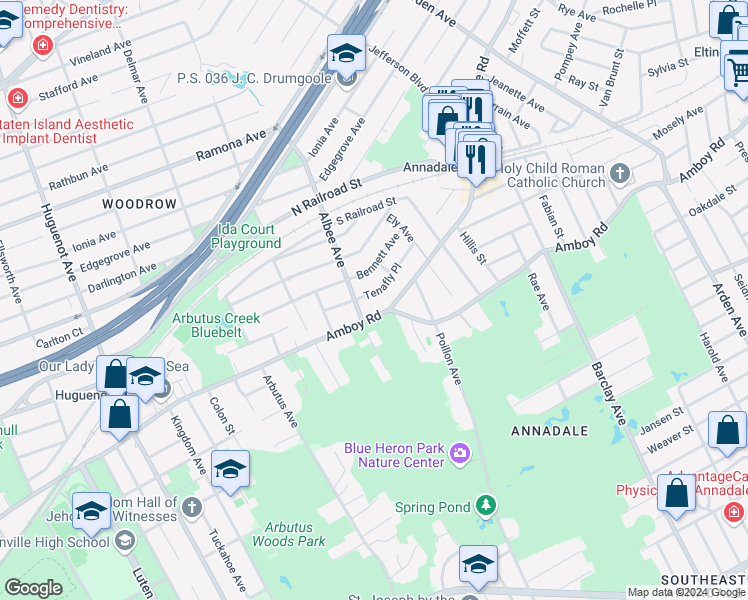 map of restaurants, bars, coffee shops, grocery stores, and more near 5119 Amboy Road in Staten Island