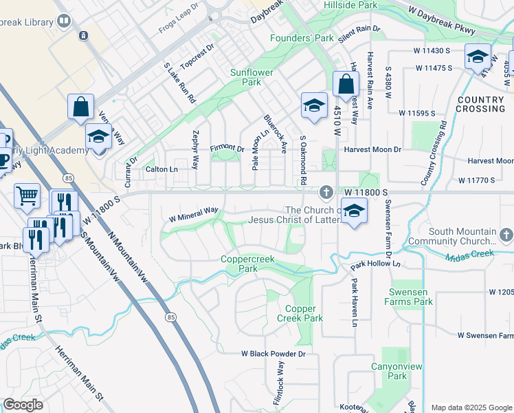 map of restaurants, bars, coffee shops, grocery stores, and more near 11839 Ruby Court in Herriman